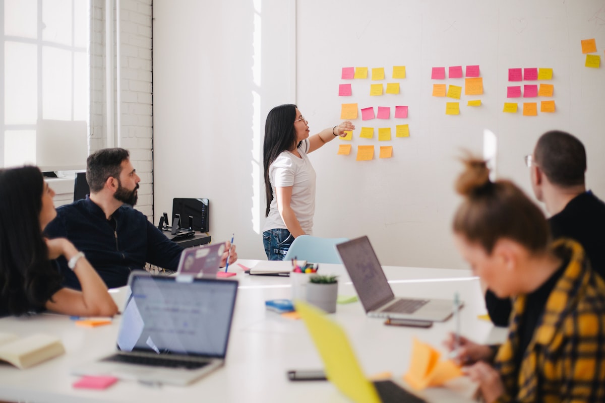 Team reviewing a product flow on a whiteboard
